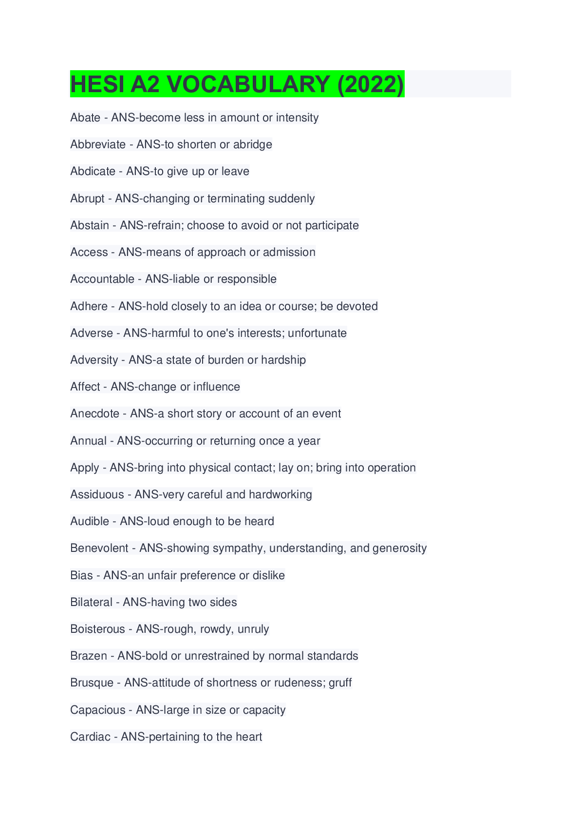 Preview image of HESI A2 VOCABULARY (2022) document